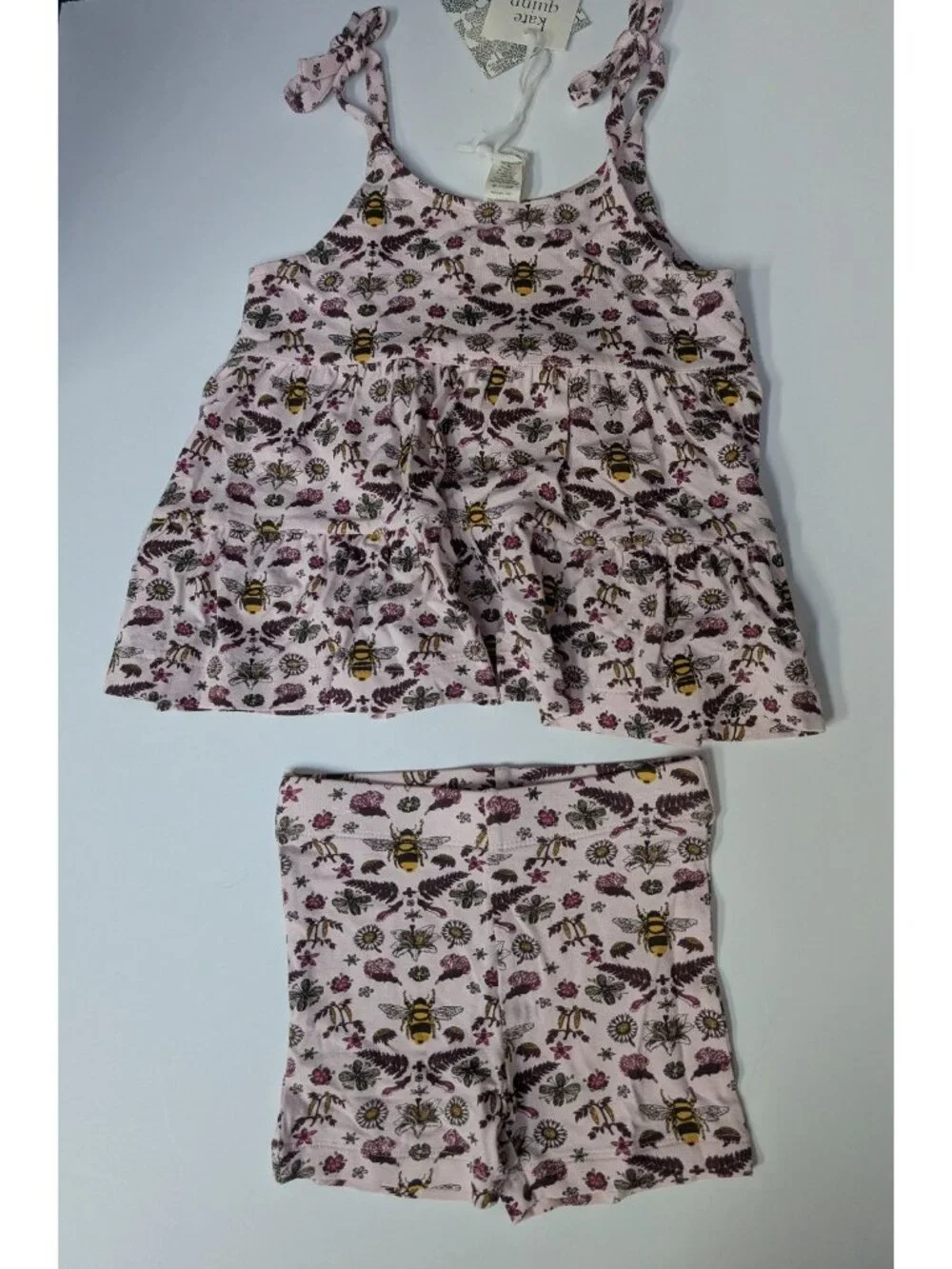 Kate Quinn Bamboo Rose Litho Bee 2T Spaghetti Tie Prairie Top Bike Shorts Set